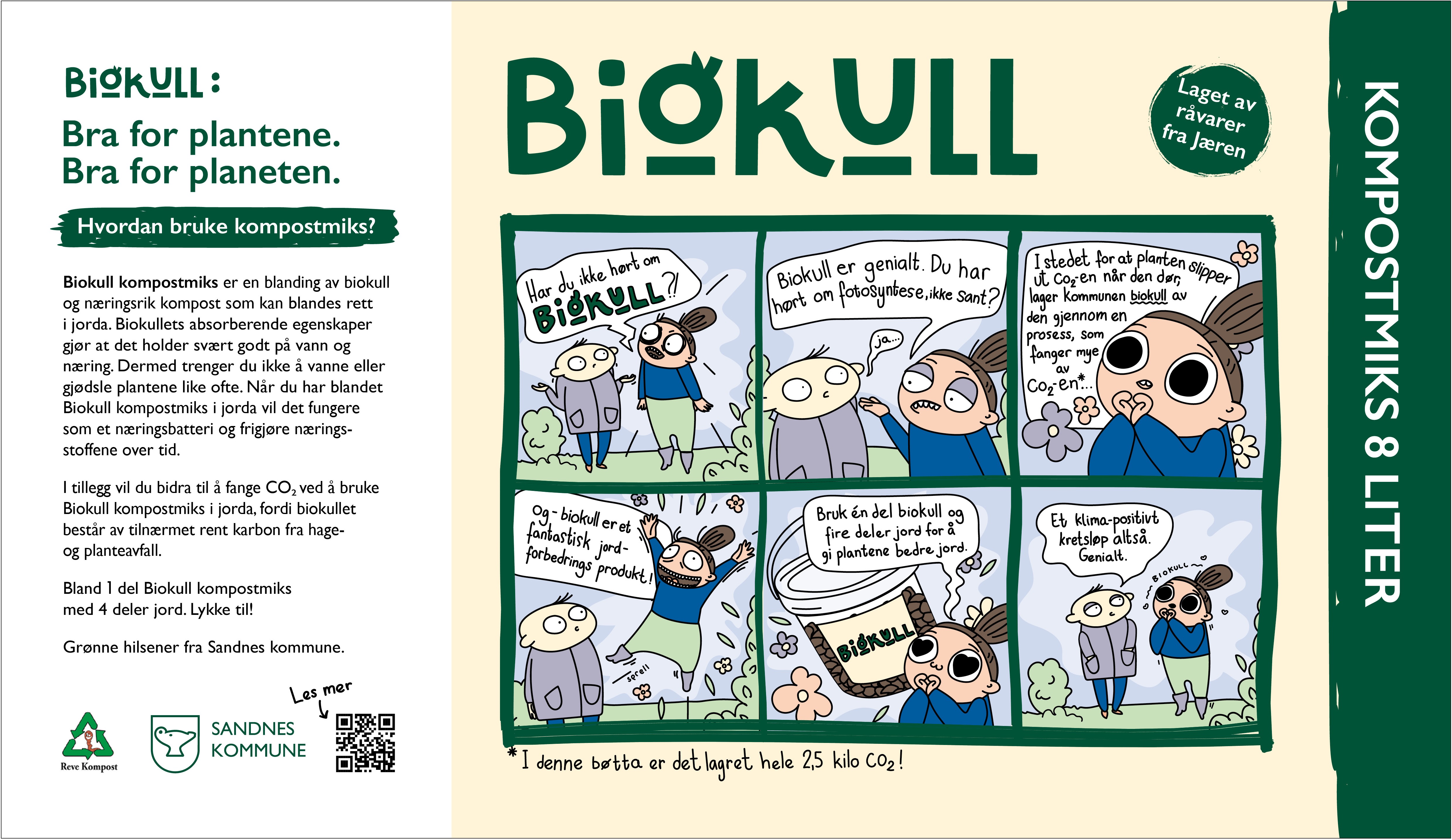 Etikett til kompostmiks som inneholder biokull, inspirert av en tegneseriestripe