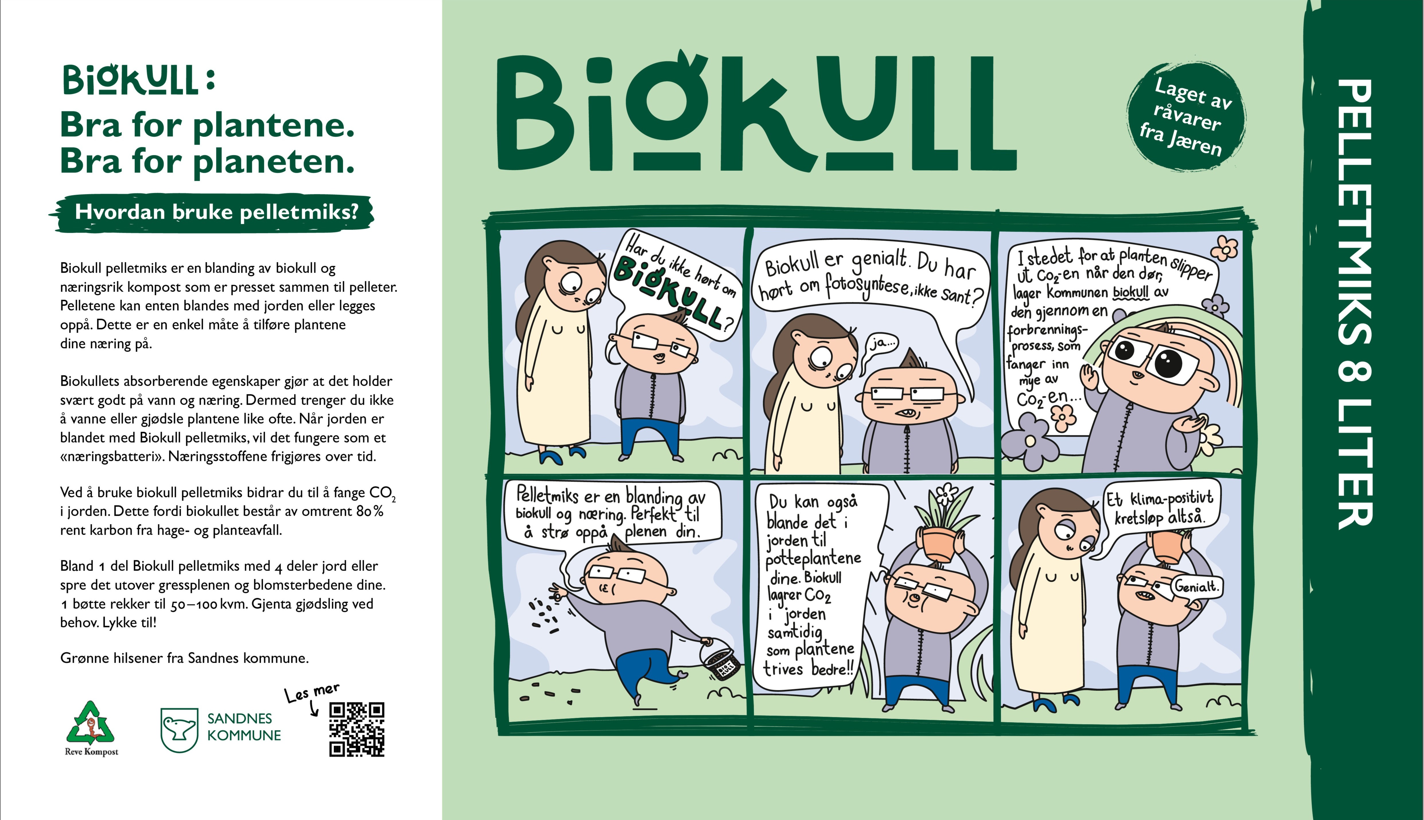 Etikett til pelletsmiks som inneholder biokull, inspirert av en tegneseriestripe