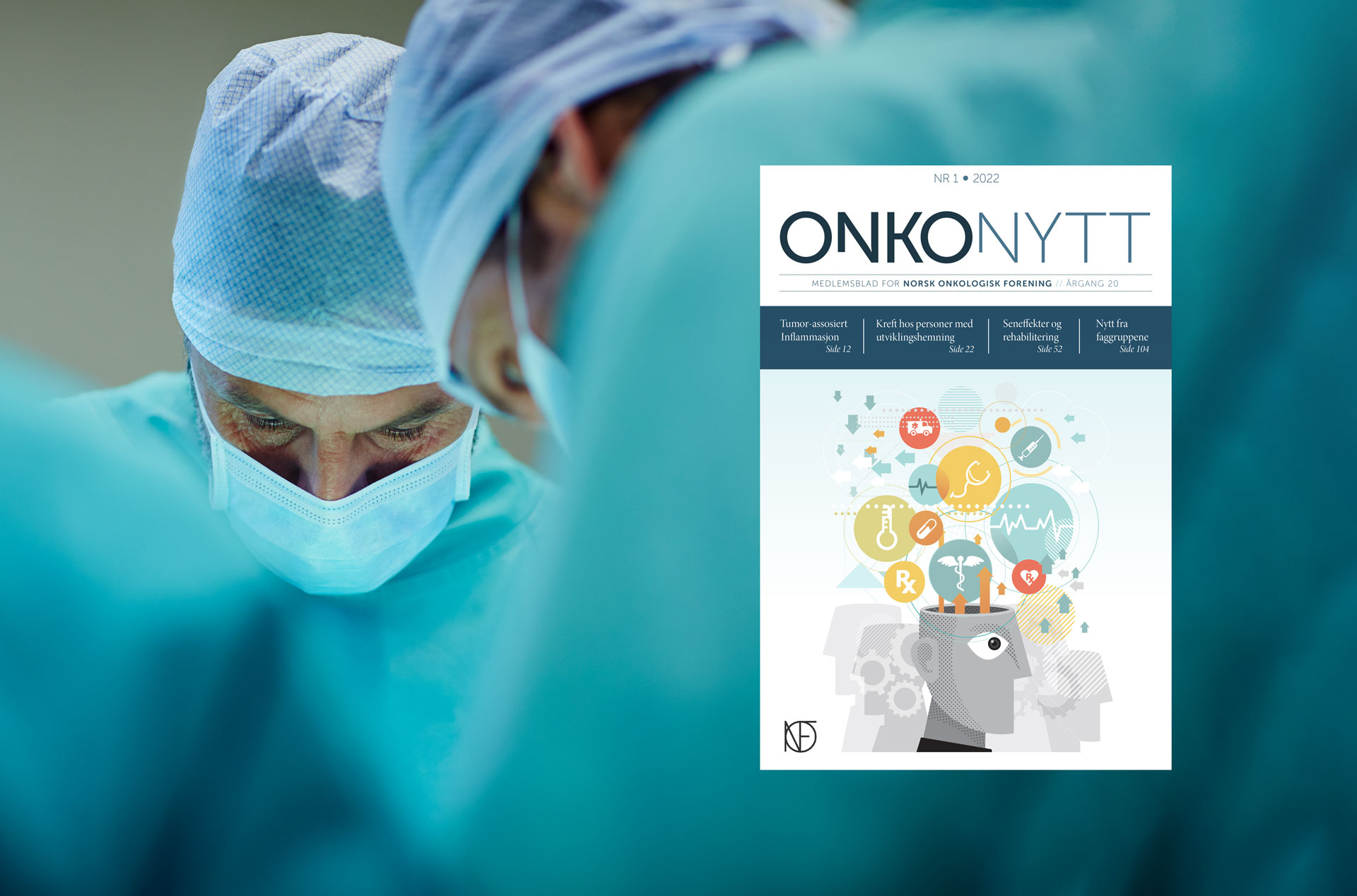 Forsiden på Onkonytt, medlemsblad for Norsk Onkologisk Forening, med leger som jobber i bakgrunnen